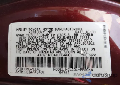 2001 Toyota Sienna Xle из США, поврежденный, VIN 4T3ZF13C41U364601